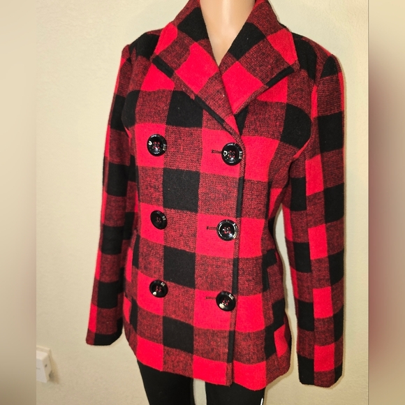 Rampage Carrie Classic Small Double Breast Red & Black Plaid Peacoat Jacket - Picture 3 of 9